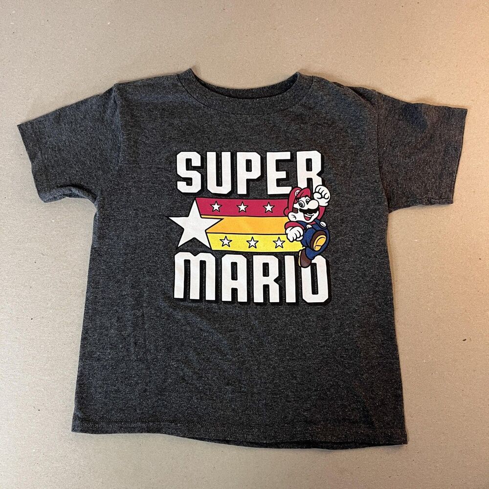 Super Mario Shirt Youth 4 Gray Mario Star Graphic Tee T-Shirt Video Game Top